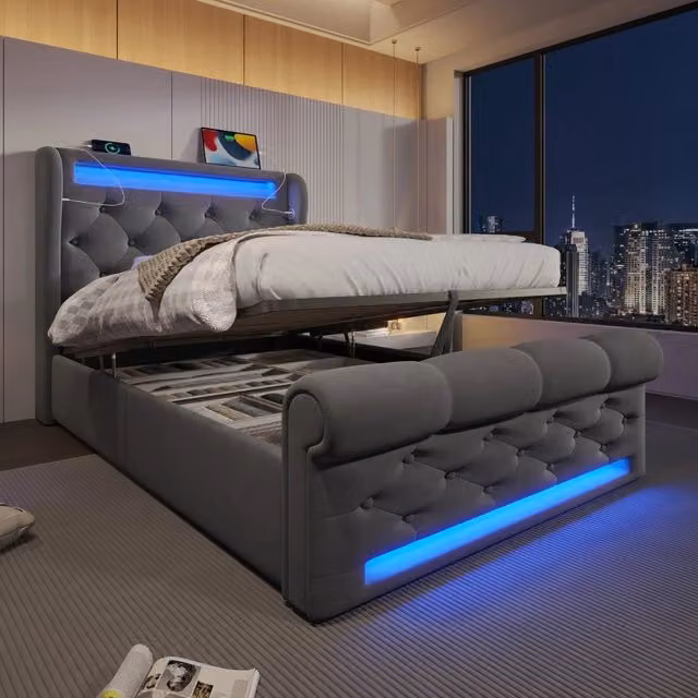 Letto singolo imbottito 90 × 200 cm con contenitore idraulico in velluto grigio LED USB e Type C