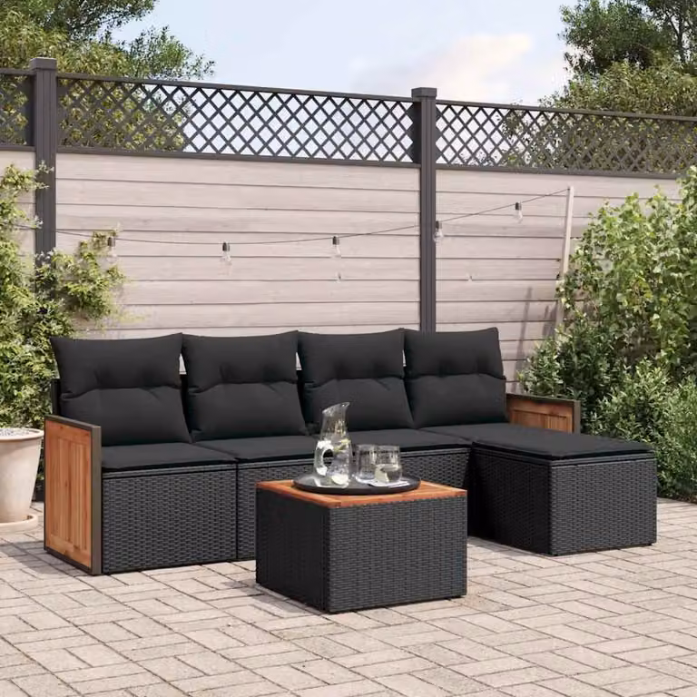 vidaXL Set Divano da Giardino 6 pz in Polyrattan Nero con Cuscini e Tavolino da Esterno