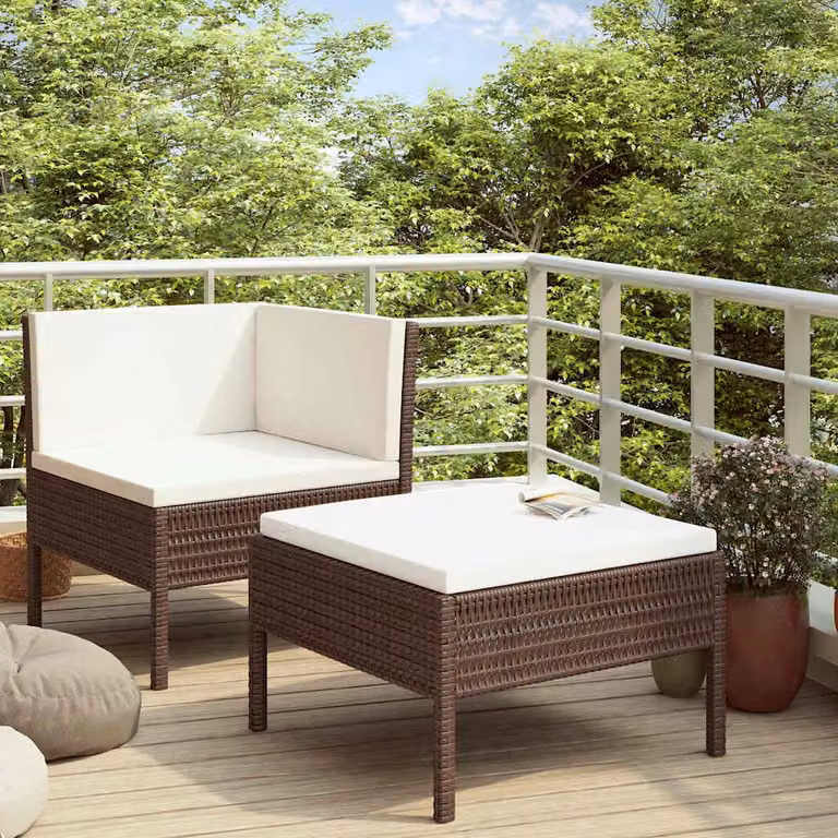 Set Divano da Giardino a L con Ottoman vidaXL in Polyrattan Marrone e Bianco con Cuscini