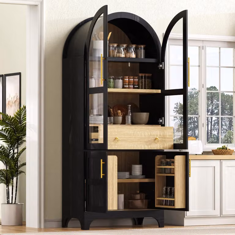 Mobiletto da cucina MODFU con vetro smerigliato, armadietto contenitore dal design curvo, vetrina con cassetto e spazio contenitivo, mobiletto alto da buffet, colore nero, dimensioni 76x40x180 cm