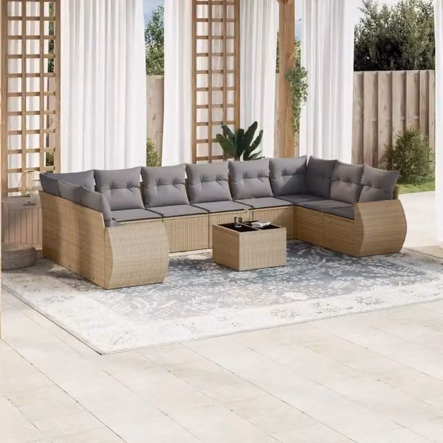 Set di divani da giardino vidaXL in polyrattan con cuscini beige e tavolino da esterno, composizione a L da 11 pezzi – 1