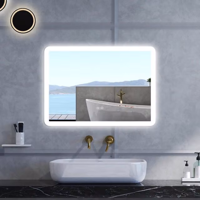 Specchio da bagno Rettangolare con 80x60cm,Blue tooth,3 colori,Memoria, Antifog,Regorabile,Retroilluminato,doppio interruttore,