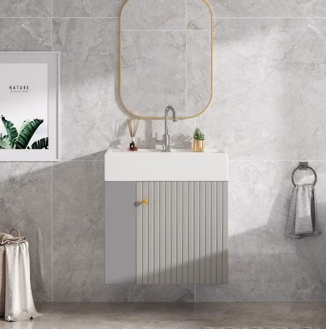 Mobile bagno compatto con lavabo in ceramica grigio e bianco HOMVRA