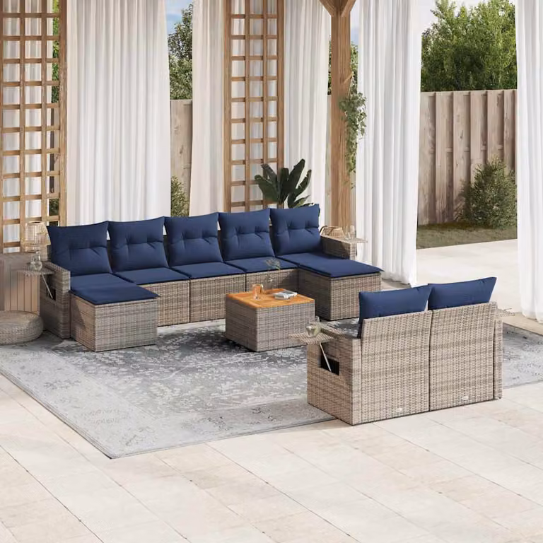 Set di divani da giardino vidaXL in polyrattan grigio con 10 pezzi e cuscini inclusi