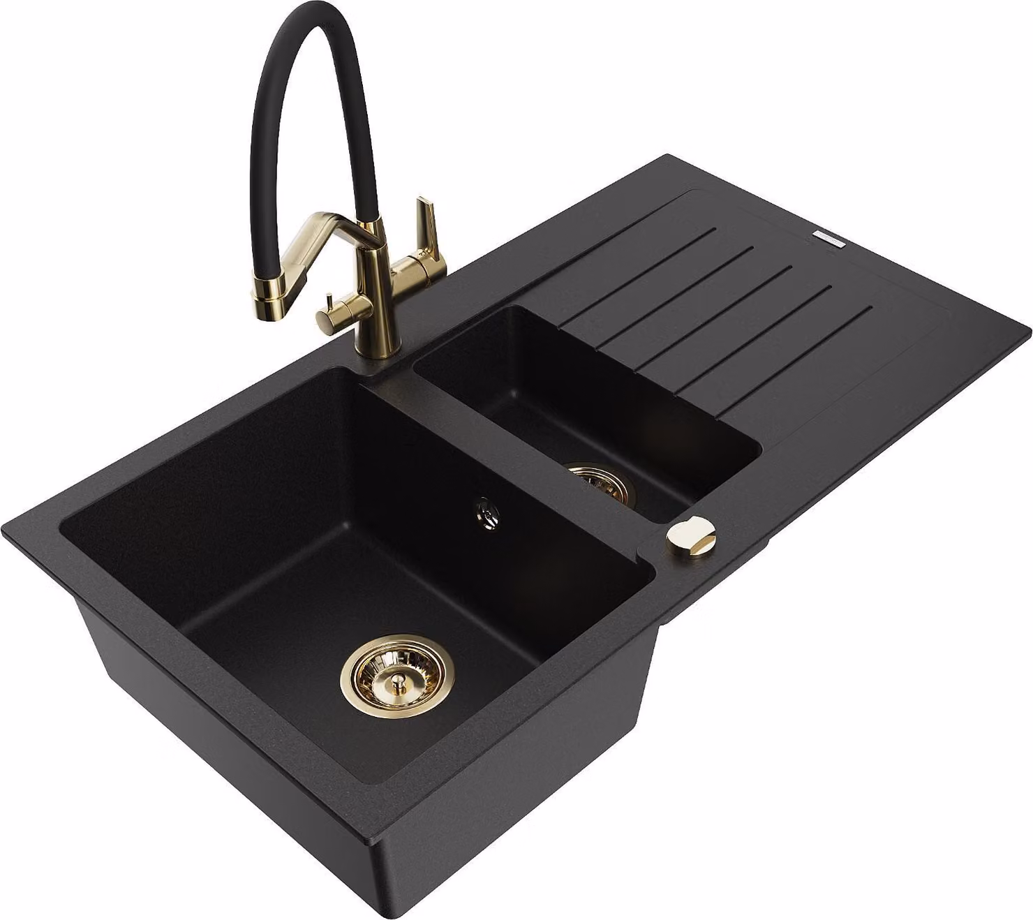 Mexen Matias lavello in granito 1,5 vasche con scolapiatti e rubinetto cucina Duo, nero - 6502-77-671701-57-G