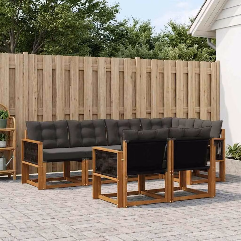 Set di divani da esterno vidaXL 7 pz in legno di acacia e textilene, colore marrone e nero, con cuscini inclusi, design moderno a L per giardino e terrazza