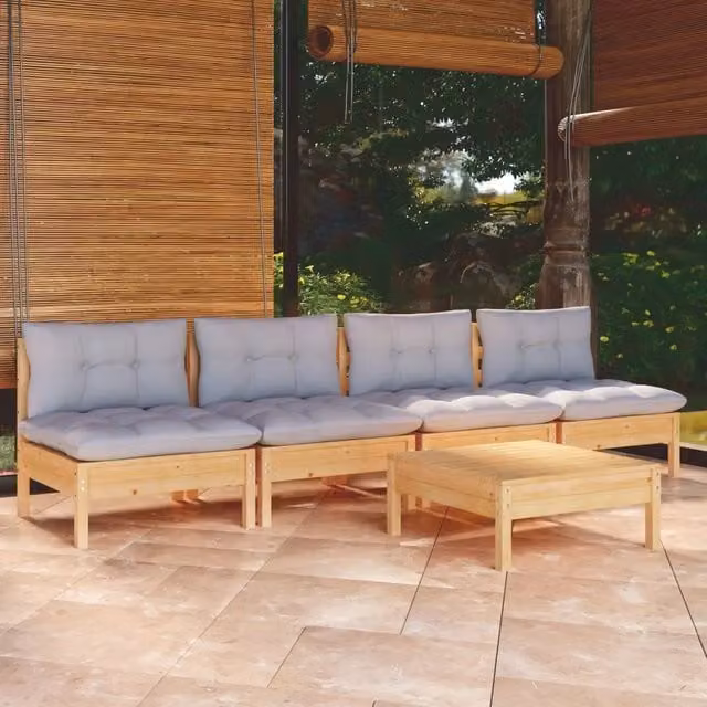 Set Divani da Giardino 5 pz con Cuscini Grigi Massello di Pino 3096129