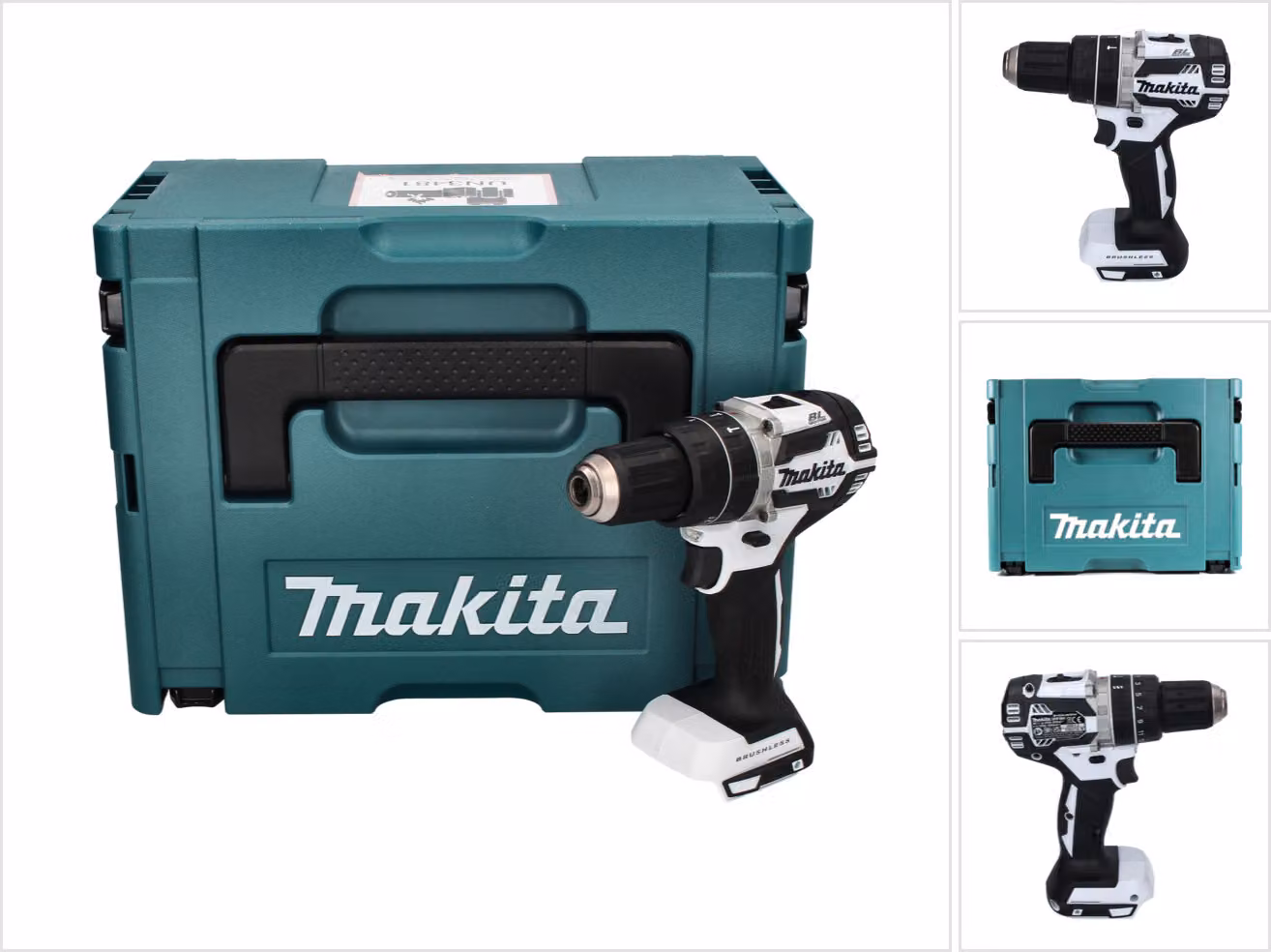 Trapano avvitatore a percussione Makita DHP 484 ZJ a batteria, 18 V, 54 Nm, motore brushless, colore bianco, con custodia Makpac - senza batteria, senza caricabatterie