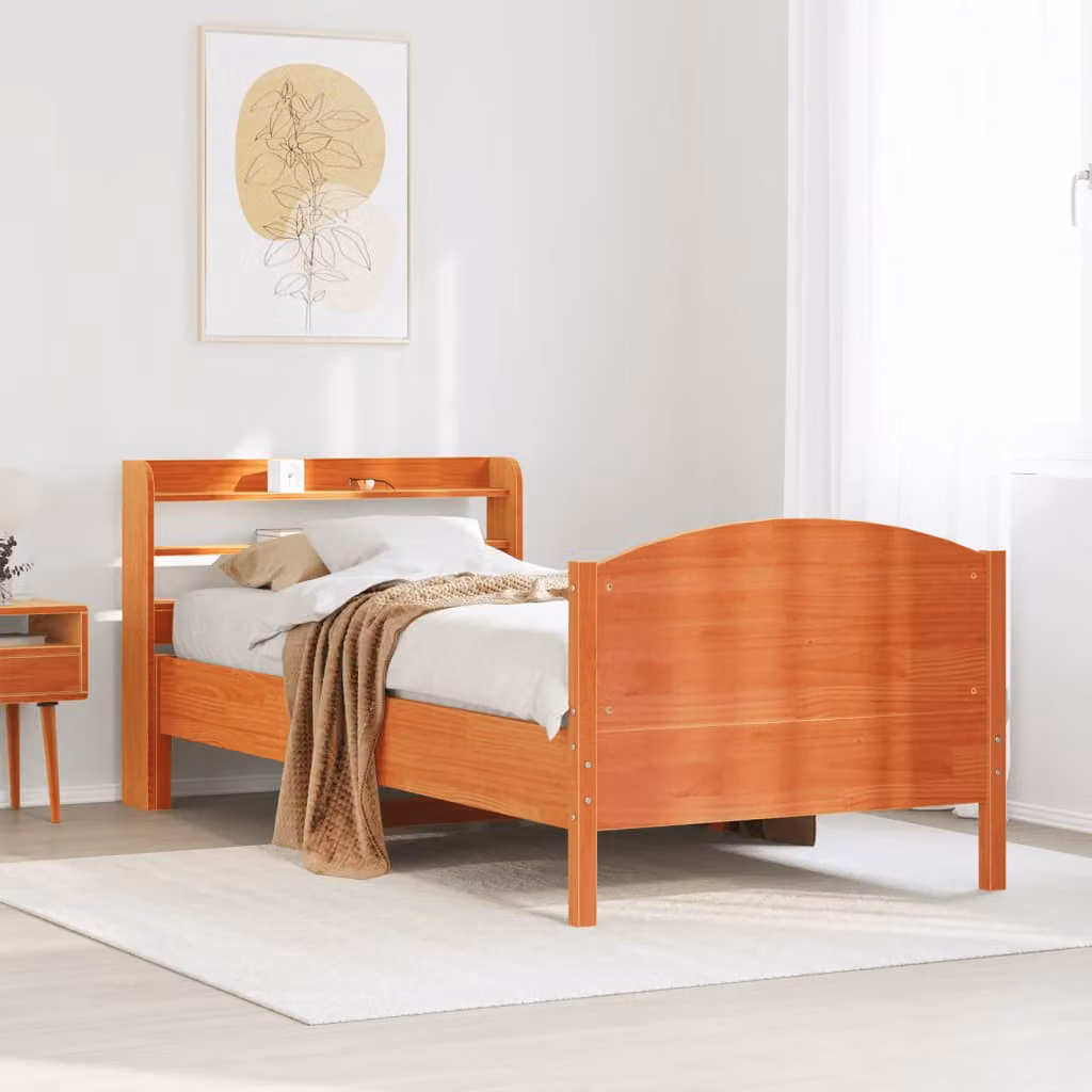 vidaXL Letto in Legno di Pino Massiccio Marrone Cera con Ripiani Laterali L/P/H: 100 x 200 cm