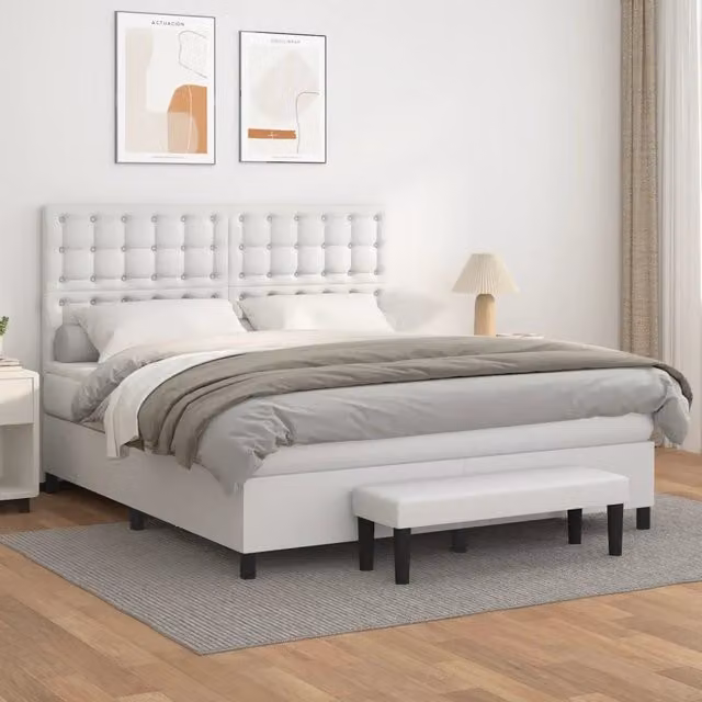Letto con Giroletto a Molle e Materasso Ibrido vidaXL in Similpelle Bianco L/P/H: 160 x 200 x 128 cm – 1