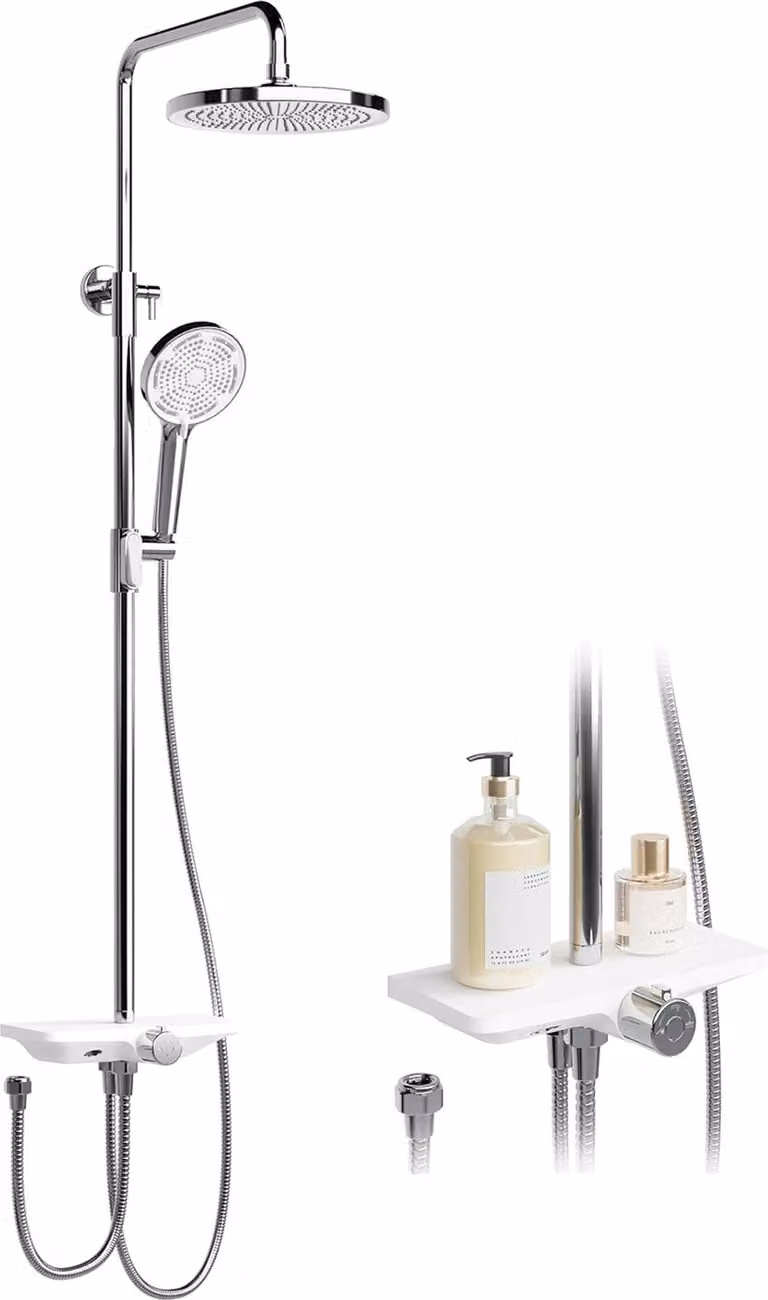 Sistema doccia per bagno, doccia a pioggia e doccetta, a parete, argento