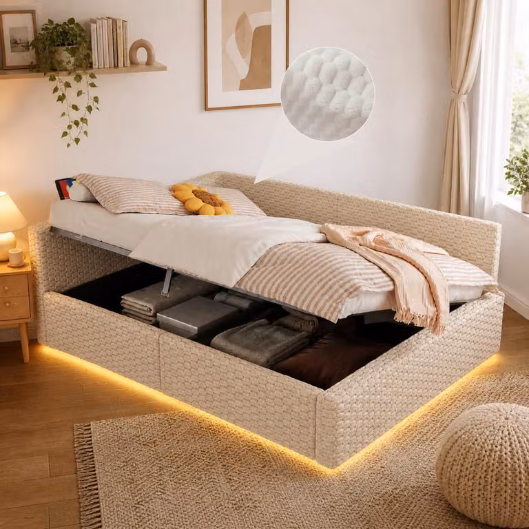 Divano letto Flieks 140x200 cm con LED e prese di ricarica, letto imbottito idraulico con vano contenitore, divano letto matrimoniale con schienale, velluto, beige
