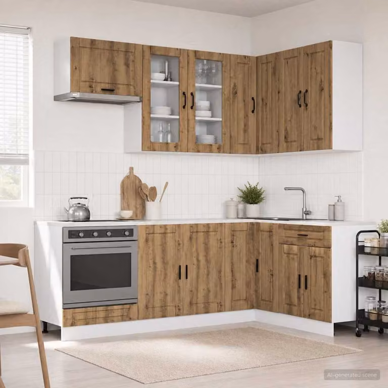 Unità cucina vidaXL PORTO 8 pezzi in legno Rovere marrone con ante in vetro e scaffali aperti