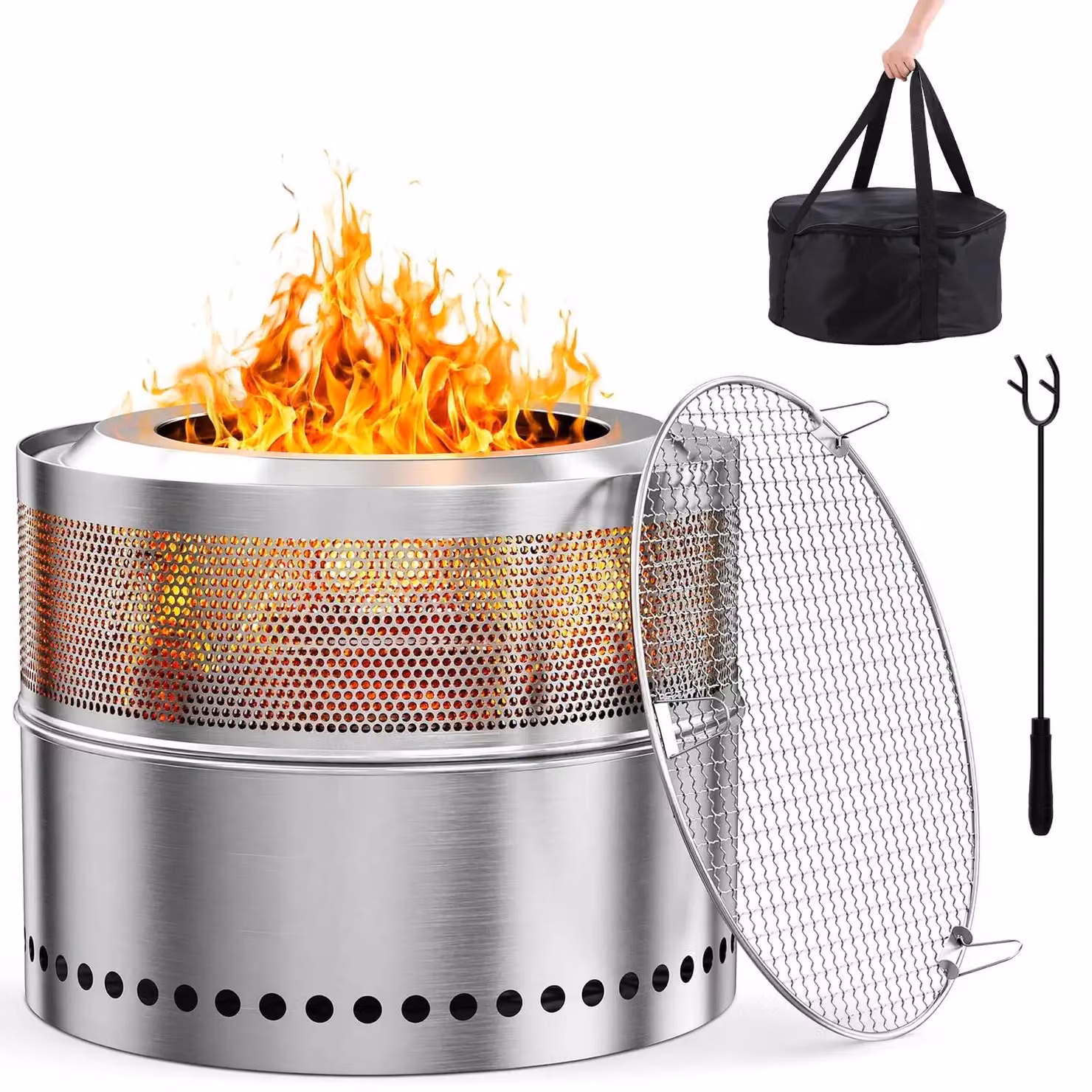 Braciere – Braciere senza fumo, diametro 50 cm – Acciaio inossidabile – Griglia – Contenitore per la cenere estraibile – Borsa per il trasporto – Portatile – Argento