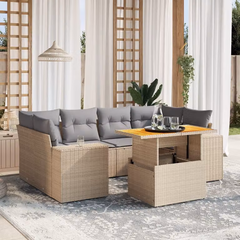 vidaXL Set Divani da Giardino 7 pz in Polyrattan con Cuscini Beige e Grigio