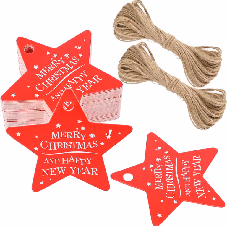 100 etichette a forma di stella, realizzate in carta kraft, di colore rosso, con dimensioni di 6 cm, ideali per confezioni regalo