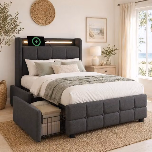 Letto singolo imbottito 90x200 cm con LED; prese USB; 2 cassetti e mensola; grigio