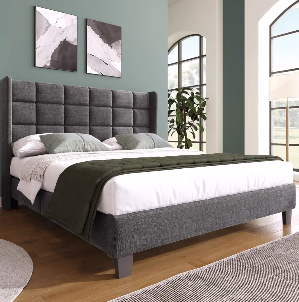 Letto matrimoniale MODFU imbottito in tessuto grigio e nero con struttura in metallo e rete a doghe in legno L/P/H: 140 x 200 cm – 2