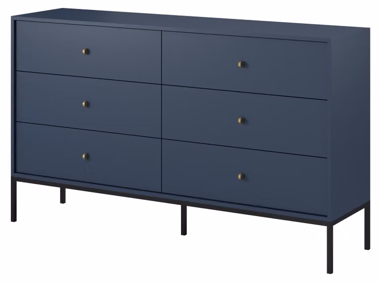 Comò a sei cassetti, blu navy, maniglie nere, 154 x 39 x 83 cm
