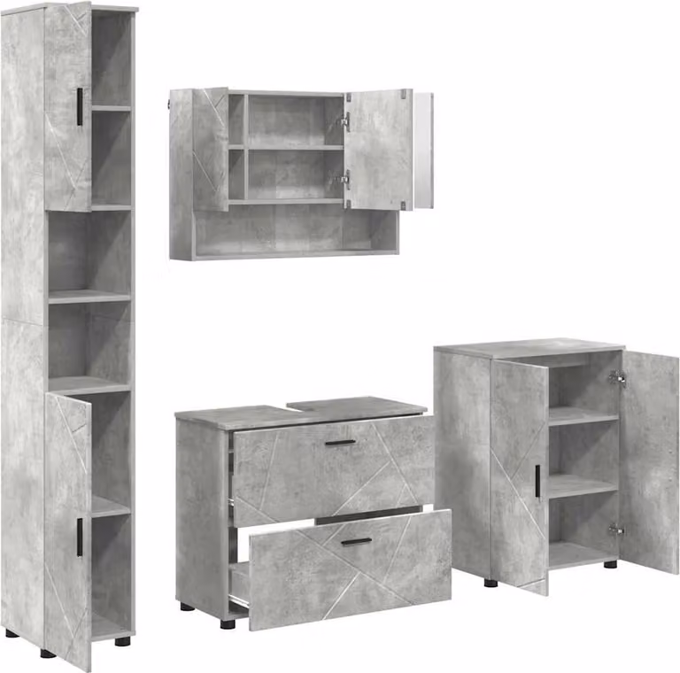 Set di mobili da bagno 4 pezzi in compensato grigio cemento e metallo