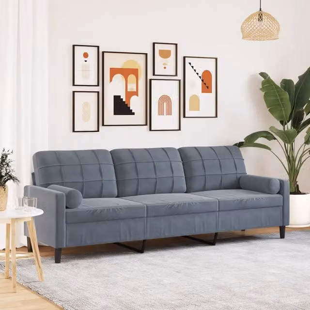 Divano a 3 posti moderno vidaXL in velluto grigio con cuscini e coperture rimovibili L: 226 cm, P: 80 cm, H: 77 cm – 1