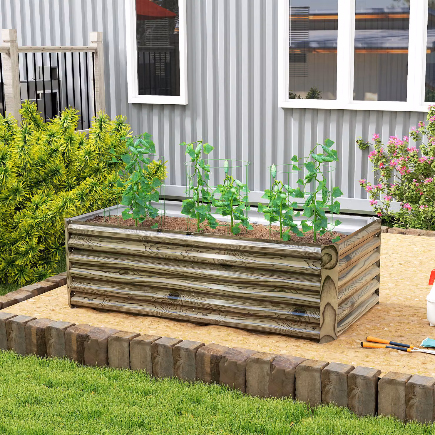 Fioriera esterna rettangolare Outsunny in acciaio galvanizzato con fondo aperto, colore naturale, L: 180 cm, P: 90 cm, H: 57,5 cm – 2