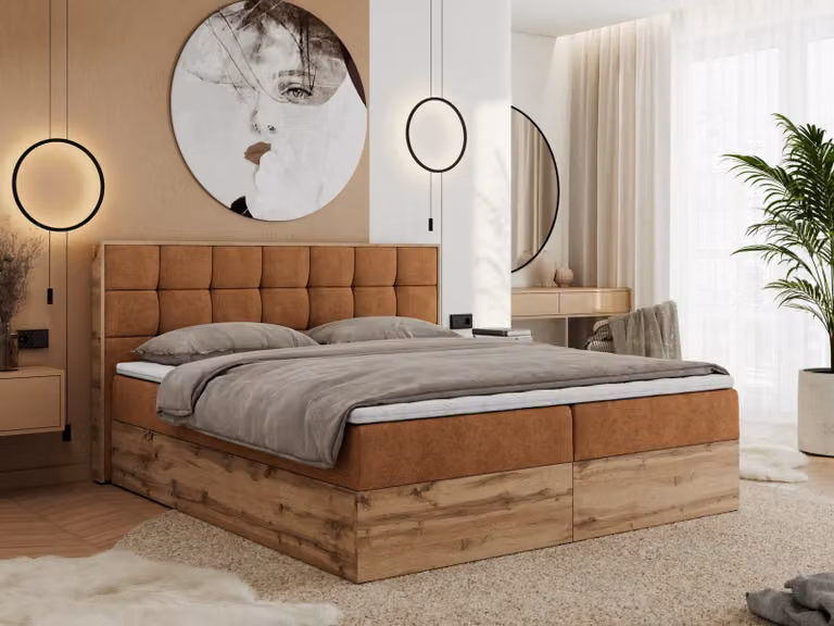 MKS MEBLE Letto boxspring 140x200 con contenitore in rovere, letto imbottito 140x200 con materasso H3, letto 140x200 con testiera, rovere Wotan - 140x200 - Struttura arancione - Albero-1