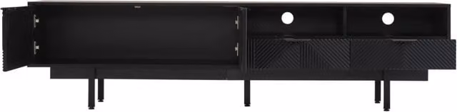 Mobile TV moderno in legno truciolare nero con design geometrico astratto, 200x40x51 cm, supporta TV fino a 90 pollici