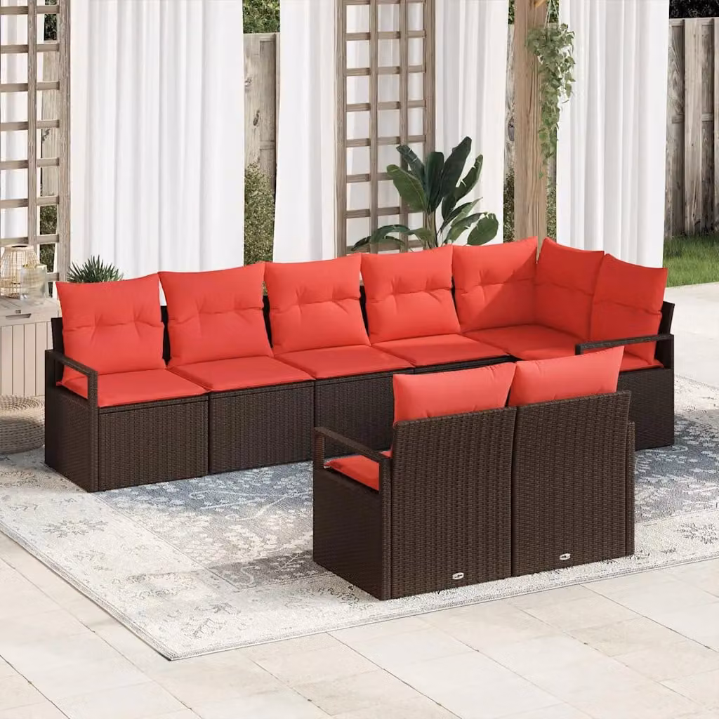 Set Divano da Giardino vidaXL 8 pz a Forma di L con Cuscini Marrone e Rosso