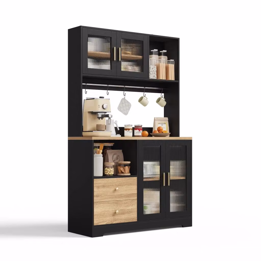 Colonna cucina moderna nera con 4 ante in vetro temperato, ripiani regolabili, illuminazione LED integrata e prese elettriche, L/P/H: 110 x 40 x 178 cm – 2