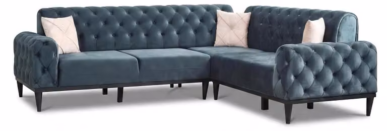 Divano ad angolo Chesterfield blu, elegante, a forma di L, set da salotto di design