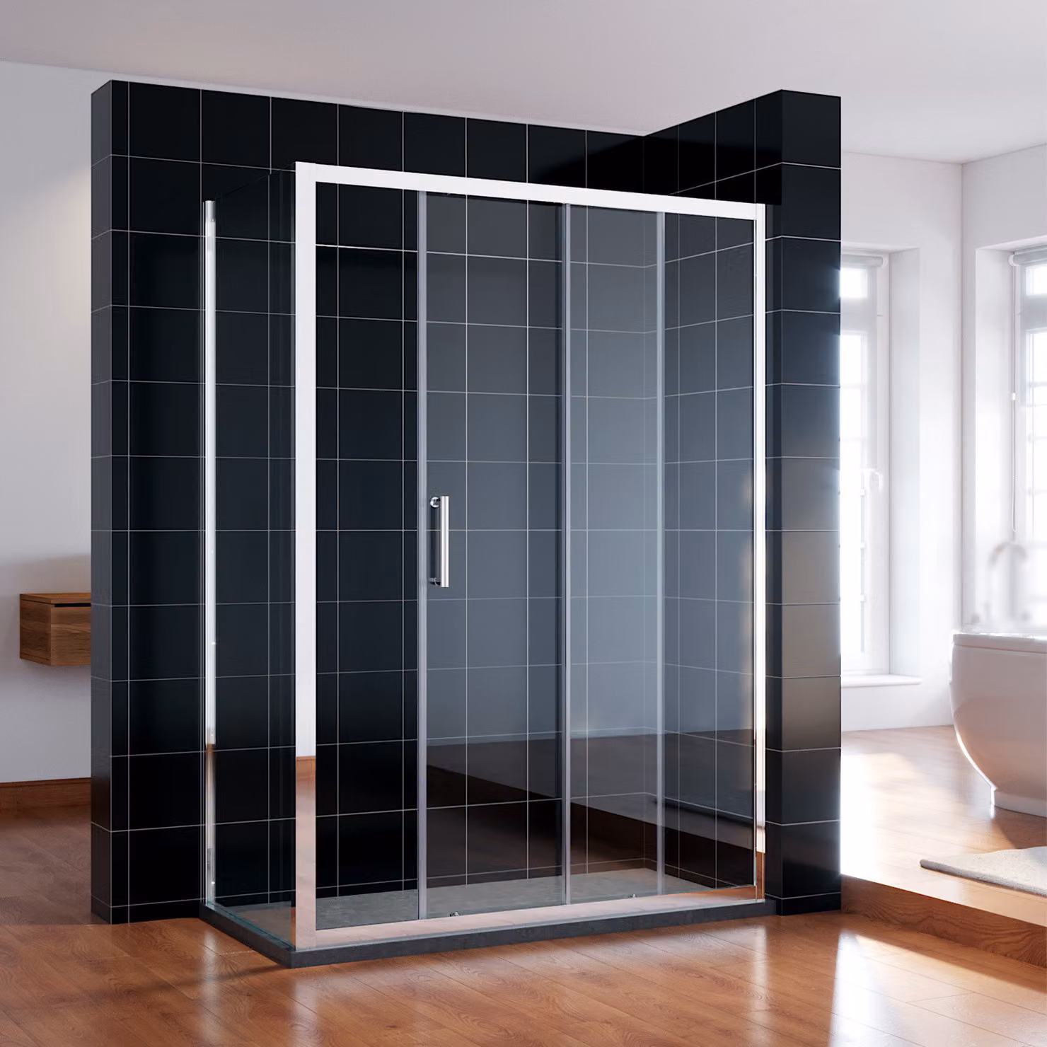 SONNI 160x185cm porta scorrevole doccia in vetro trasparente con pannello laterale da 90cm