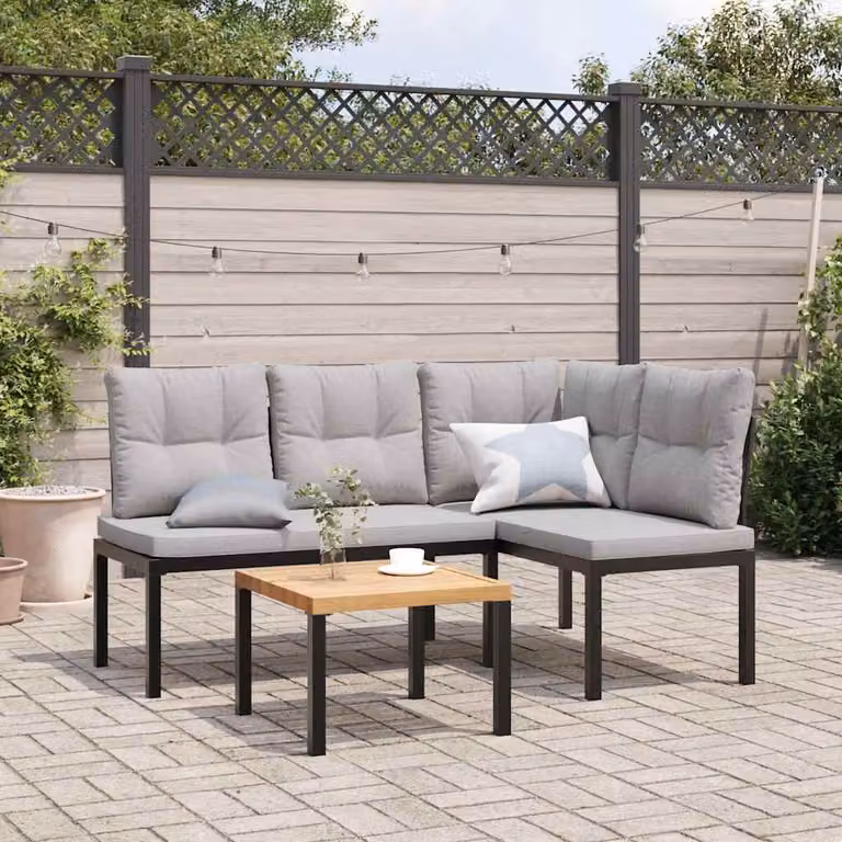 Set di 2 panche da giardino vidaXL in acciaio verniciato nero e cuscini grigi per esterno e terrazza
