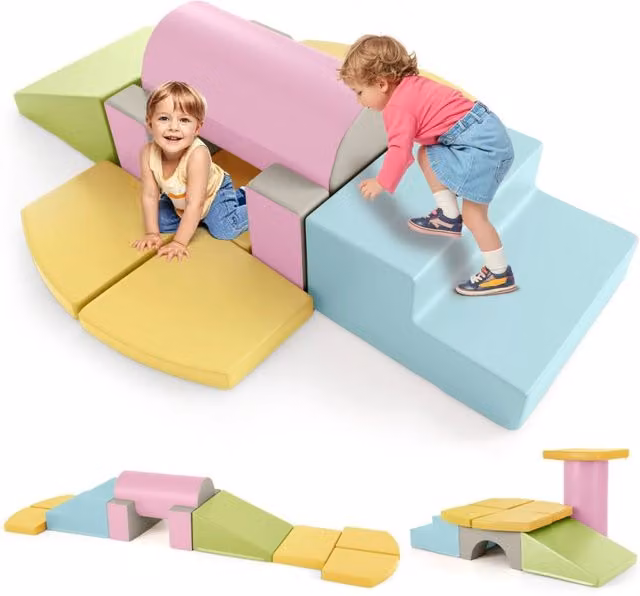 Set di 10 giocattoli da arrampicata in schiuma morbida Design Mania per bambini, blocchi da costruzione gialli e multicolore per lo sviluppo creativo e cognitivo