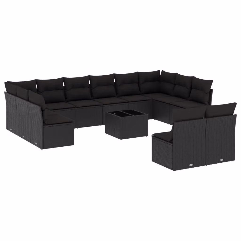 Set di divani da giardino a forma di U vidaXL in polyrattan nero con cuscini e tavolino da esterno – 2