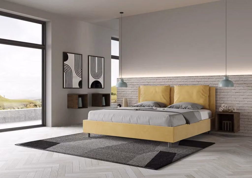 BS COM Letto matrimoniale king size con rete imbottita in microfibra colore ocra L 210 x P 190 cm – 2