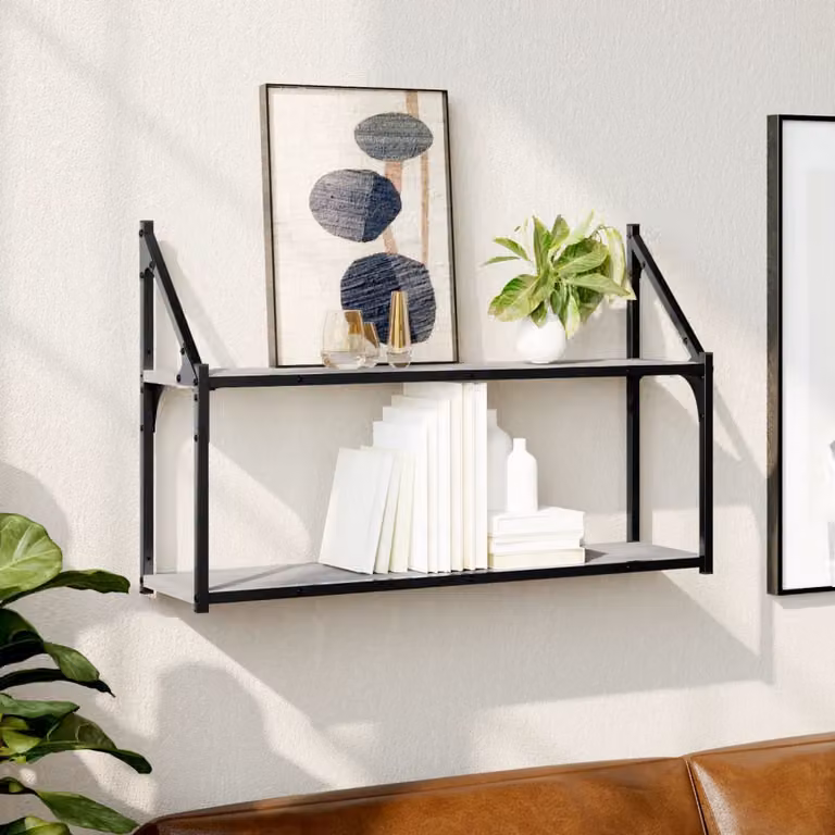 Scaffale da parete vidaXL con 2 ripiani, Grigio e Nero, L 80 cm x P 21 cm x H 51 cm