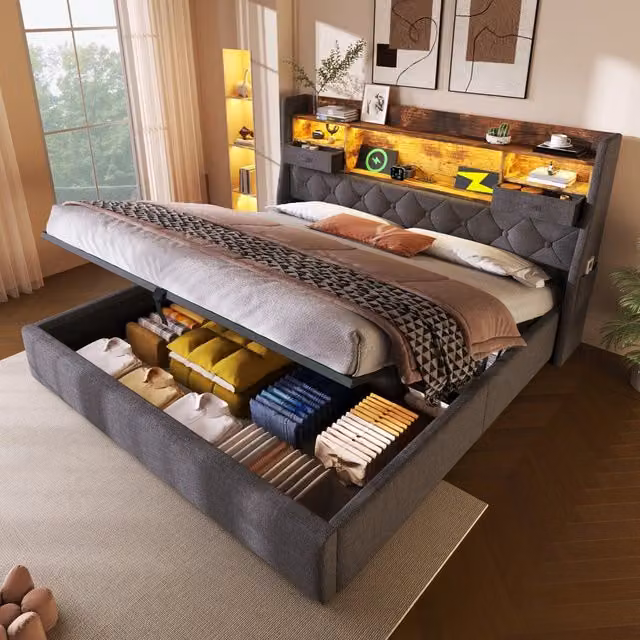 Letto matrimoniale 180 × 200 cm con contenitore, LED, 3 USB e Type-C, senza materasso, lino grigio
