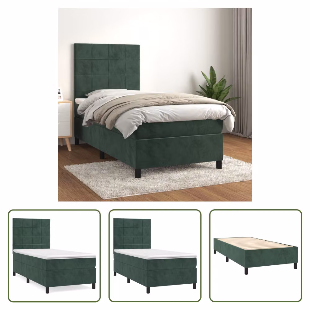 The Living Store Letto a molle con materasso verde scuro 90x190 cm in velluto