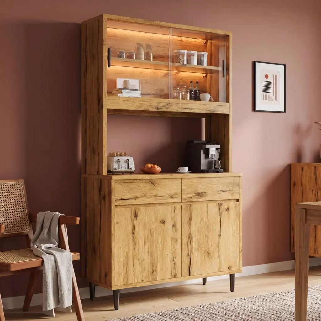 Credenza alta WISHDOR per soggiorno e sala da pranzo con ante in vetro trasparente e illuminazione integrata, colore marrone, L 100 cm x P 40 cm x H 185 cm – 2