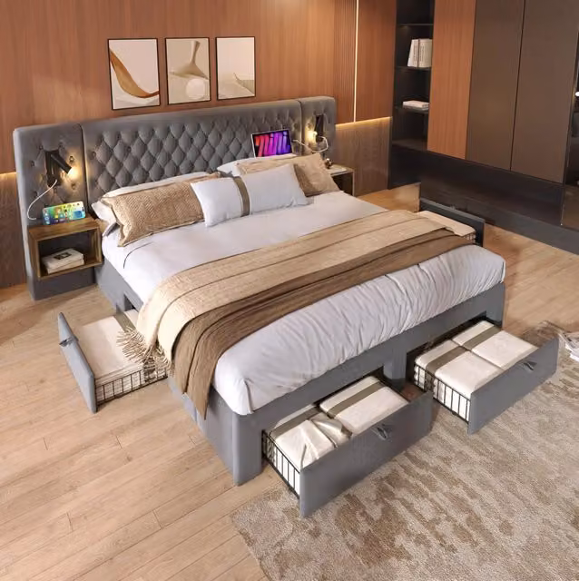 Letto matrimoniale 180x200 cm in velluto grigio con comodini, cassetti e ricarica USB-C