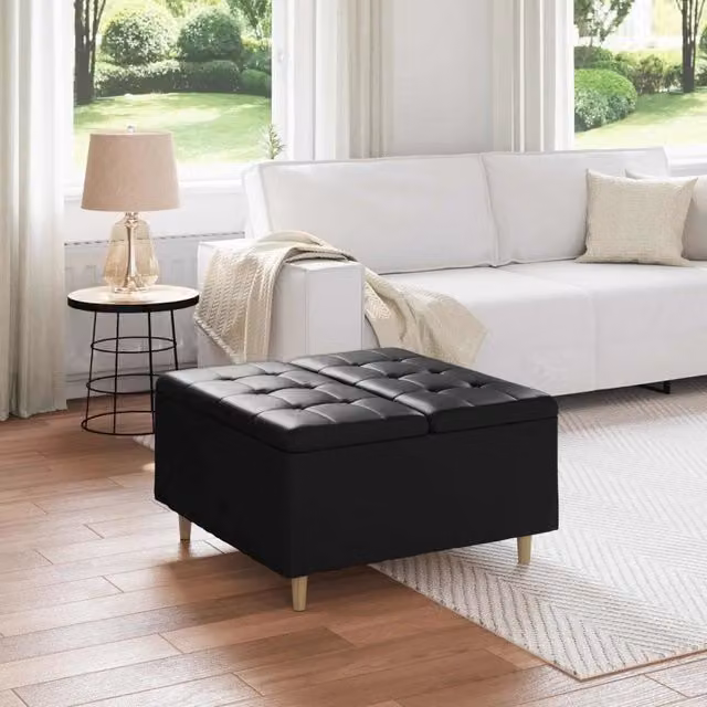 Pouf con contenitore vidaXL in pelle sintetica nera per soggiorno e camera da letto L/P/H: 80 x 80 x 45 cm – 1