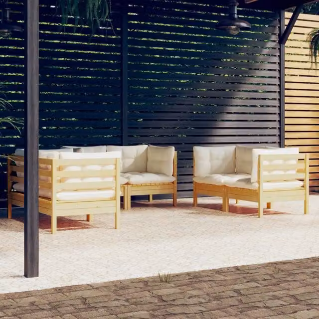 Set Divani da Giardino 6 pz con Cuscini Crema Massello di Pino 3096244