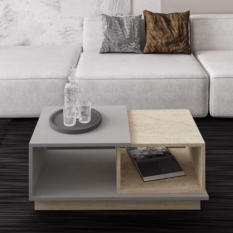 Skye Decor, tavolino moderno con ripiani, travertino e grigio, 90 x 36 x 45 cm | Pannello truciolare rivestito al 100% in melamina, spessore 18 mm | Design elegante con spazio aggiuntivo per riporre oggetti.