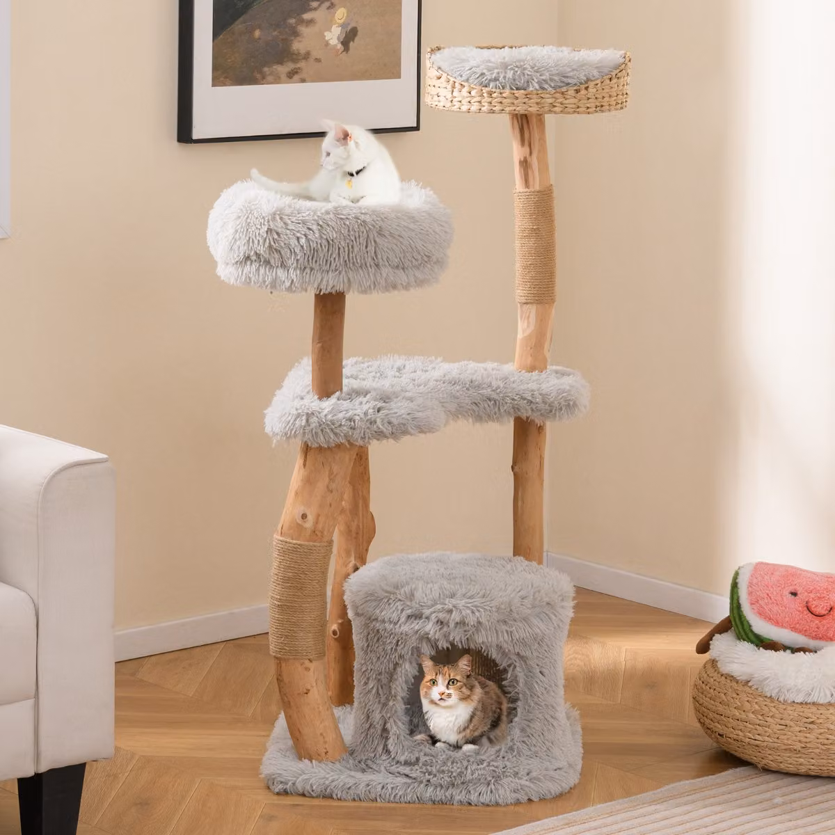 Torre per gatti Costway in legno massello con pali in corda di juta e nicchia, Altezza: 124 cm, Grigio