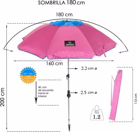 Ombrellino da donna 180 cm - Meccanismo a spirale e manico - 8 stecche - Colore rosa