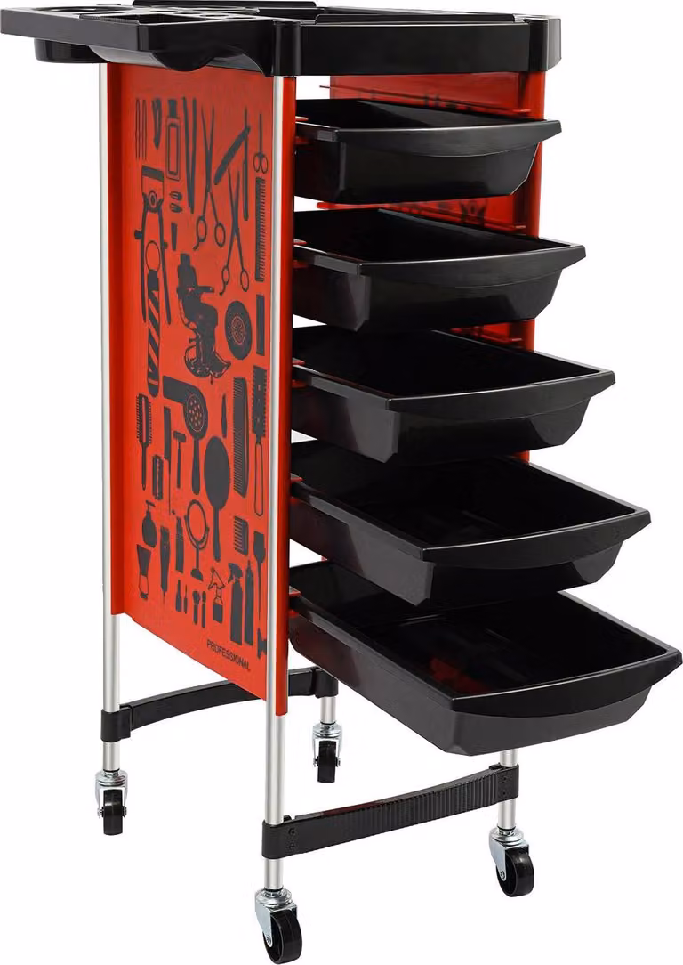 Carrello per parrucchieri, 5 cassetti, design resistente, rosso