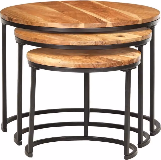 Set di 3 tavolini impilabili vidaXL in legno di acacia oliato e metallo, colore marrone