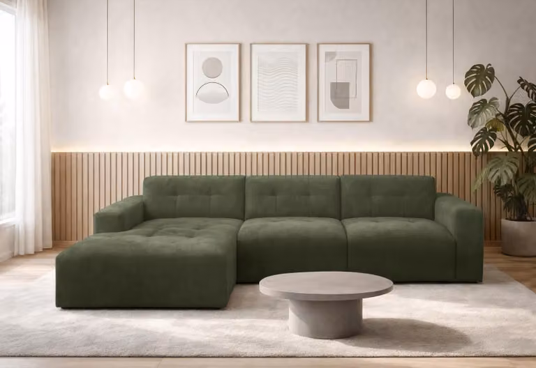 Divano ad L AX LIVING Corlu, verde, per soggiorno, 310 cm di lunghezza