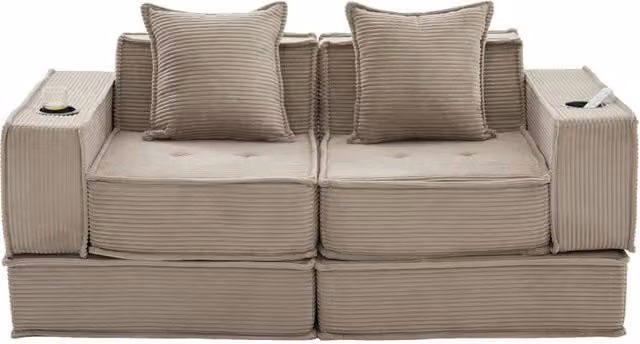 Divano letto doppio moderno in tessuto con due cuscini e pouf con contenitore laterale 162x78x66 cm